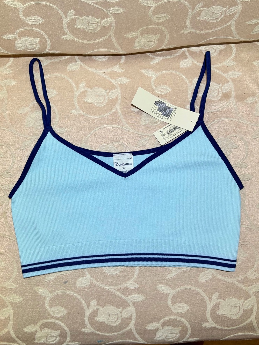 NWT No Boundaries Reversible Light Blue Ribbed Bralette with Navy Trim. XL
